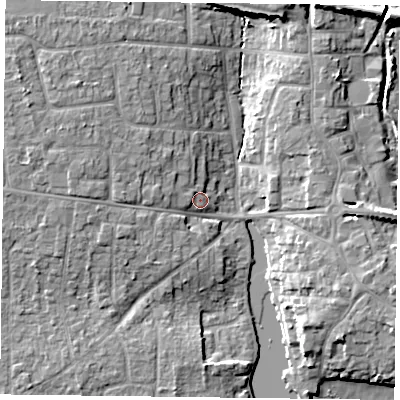 Shaded relief map of the ground around PO107JD, computed from Environment Agency LiDAR. The ground here sits at about 5 m above sea level and falls 12 m across the surrounding 800 m. Surface water reaching this point runs off ground lying to the west-north-west, 2.8 m higher.
