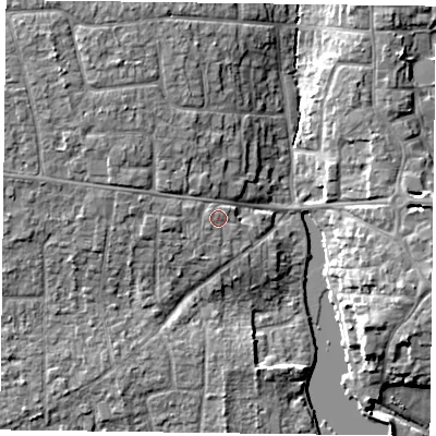 Shaded relief map of the ground around PO107JE, computed from Environment Agency LiDAR. The ground here sits at about 7 m above sea level and falls 12 m across the surrounding 800 m. Surface water reaching this point runs off ground lying to the west-north-west, 2.2 m higher.