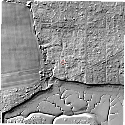 Shaded relief map of the ground around PO107JX, computed from Environment Agency LiDAR. The ground here sits at about 4 m above sea level and falls 12 m across the surrounding 800 m. Surface water reaching this point runs off ground lying to the north-east, 1.2 m higher.