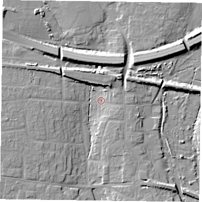 Shaded relief map of the ground around PO107NH, computed from Environment Agency LiDAR. The ground here sits at about 4 m above sea level and falls 10 m across the surrounding 800 m. Surface water reaching this point runs off ground lying to the east-north-east, 3.7 m higher.