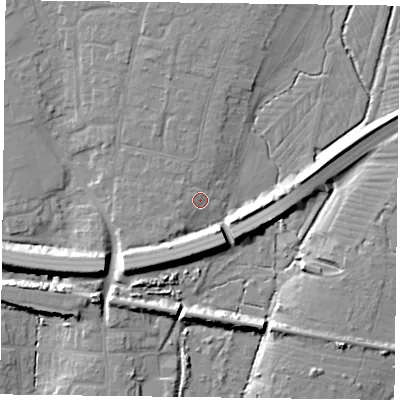 Shaded relief map of the ground around PO107QY, computed from Environment Agency LiDAR. The ground here sits at about 8 m above sea level and falls 10 m across the surrounding 800 m. Surface water reaching this point runs off ground lying to the north-north-east, 3.6 m higher.