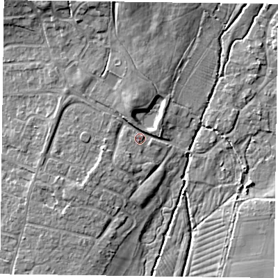 Shaded relief map of the ground around PO107RN, computed from Environment Agency LiDAR. The ground here sits at about 12 m above sea level and falls 10 m across the surrounding 800 m. Surface water reaching this point runs off ground lying to the north-north-west, 5.1 m higher.