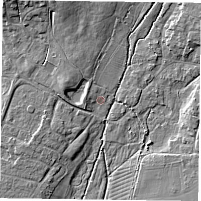 Shaded relief map of the ground around PO107SU, computed from Environment Agency LiDAR. The ground here sits at about 10 m above sea level and falls 12 m across the surrounding 800 m. Surface water reaching this point runs off ground lying to the north-north-west, 8.2 m higher.