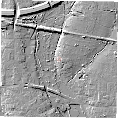 Shaded relief map of the ground around PO108AA, computed from Environment Agency LiDAR. The ground here sits at about 6 m above sea level and falls 12 m across the surrounding 800 m. Surface water reaching this point runs off ground lying to the north-east, 3.9 m higher.