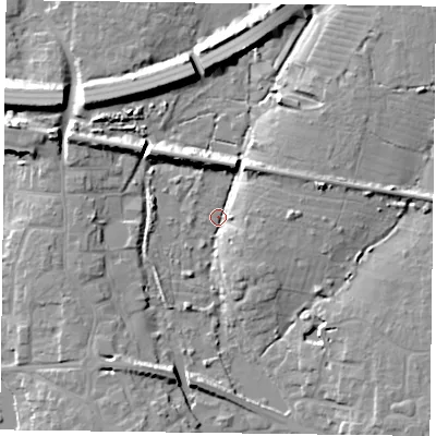 Shaded relief map of the ground around PO108AB, computed from Environment Agency LiDAR. The ground here sits at about 3 m above sea level and falls 10 m across the surrounding 800 m. Surface water reaching this point runs off ground lying to the north-west, 9.4 m higher.