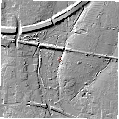 Shaded relief map of the ground around PO108AD, computed from Environment Agency LiDAR. The ground here sits at about 4 m above sea level and falls 10 m across the surrounding 800 m. Surface water reaching this point runs off ground lying to the north-west, 9.1 m higher.