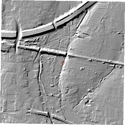 Shaded relief map of the ground around PO108AE, computed from Environment Agency LiDAR. The ground here sits at about 4 m above sea level and falls 10 m across the surrounding 800 m. Surface water reaching this point runs off ground lying to the north-west, 9.0 m higher.