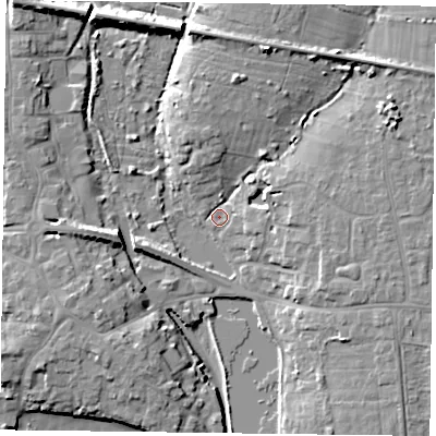 Shaded relief map of the ground around PO108AF, computed from Environment Agency LiDAR. The ground here sits at about 3 m above sea level and falls 11 m across the surrounding 800 m. Surface water reaching this point runs off ground lying to the north-north-east, 9.4 m higher.
