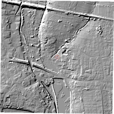 Shaded relief map of the ground around PO108AG, computed from Environment Agency LiDAR. The ground here sits at about 3 m above sea level and falls 11 m across the surrounding 800 m. Surface water reaching this point runs off ground lying to the north-north-east, 9.0 m higher.