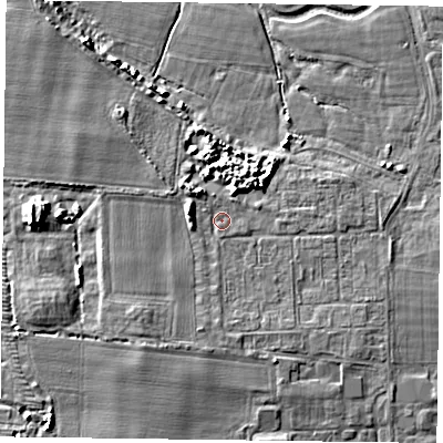 Shaded relief map of the ground around PO108AL, computed from Environment Agency LiDAR. The ground here sits at about 3 m above sea level and falls 8 m across the surrounding 800 m. Surface water reaching this point runs off ground lying to the south-west, 2.5 m higher.