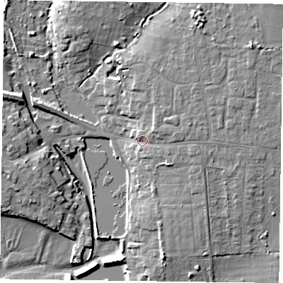 Shaded relief map of the ground around PO108AP, computed from Environment Agency LiDAR. The ground here sits at about 5 m above sea level and falls 12 m across the surrounding 800 m. Surface water reaching this point runs off ground lying to the north-east, 6.1 m higher.