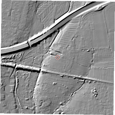 Shaded relief map of the ground around PO108AQ, computed from Environment Agency LiDAR. The ground here sits at about 9 m above sea level and falls 12 m across the surrounding 800 m. Surface water reaching this point runs off ground lying to the east, 2.0 m higher.