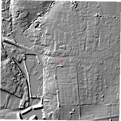 Shaded relief map of the ground around PO108AU, computed from Environment Agency LiDAR. The ground here sits at about 7 m above sea level and falls 12 m across the surrounding 800 m. Surface water reaching this point runs off ground lying to the north-east, 3.5 m higher.