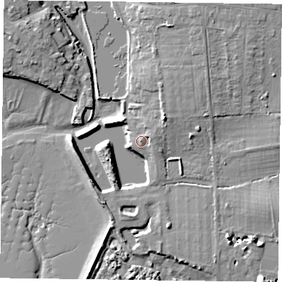 Shaded relief map of the ground around PO108BA, computed from Environment Agency LiDAR. The ground here sits at about 4 m above sea level and falls 10 m across the surrounding 800 m. Surface water reaching this point runs off ground lying to the east-north-east, 2.2 m higher.