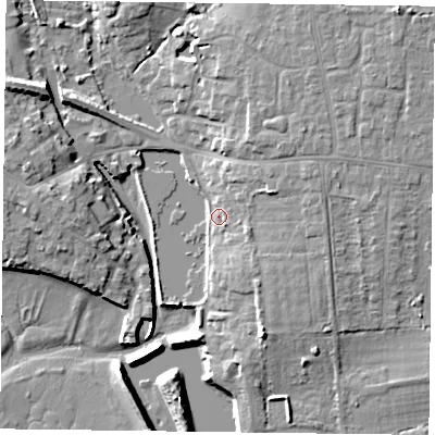 Shaded relief map of the ground around PO108BS, computed from Environment Agency LiDAR. The ground here sits at about 4 m above sea level and falls 12 m across the surrounding 800 m. Surface water reaching this point runs off ground lying to the east-north-east, 6.6 m higher.
