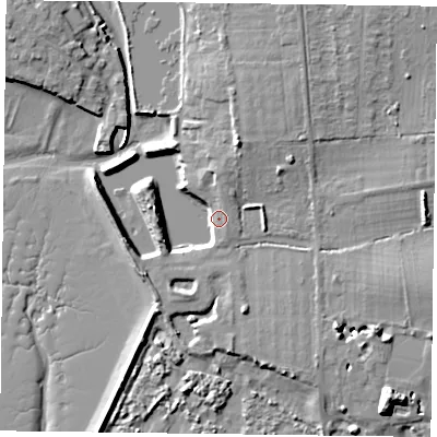 Shaded relief map of the ground around PO108BT, computed from Environment Agency LiDAR. The ground here sits at about 3 m above sea level and falls 11 m across the surrounding 800 m. Surface water reaching this point runs off ground lying to the north-north-east, 8.5 m higher.