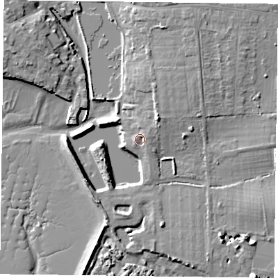 Shaded relief map of the ground around PO108BW, computed from Environment Agency LiDAR. The ground here sits at about 4 m above sea level and falls 10 m across the surrounding 800 m. Surface water reaching this point runs off ground lying to the north-east, 2.2 m higher.