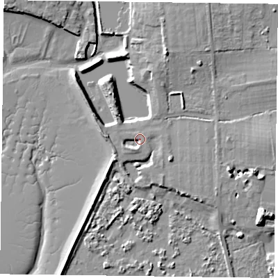 Shaded relief map of the ground around PO108BX, computed from Environment Agency LiDAR. The ground here sits at about 3 m above sea level and falls 11 m across the surrounding 800 m. Surface water reaching this point runs off ground lying to the south-south-west, 3.0 m higher.