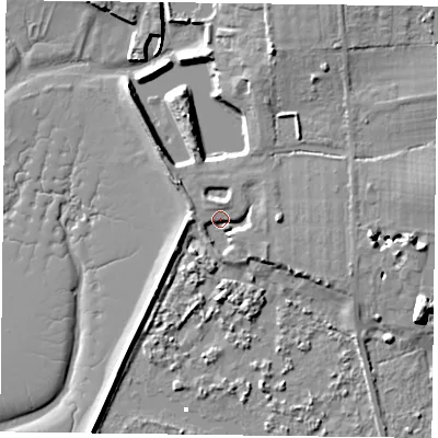 Shaded relief map of the ground around PO108BY, computed from Environment Agency LiDAR. The ground here sits at about 3 m above sea level and falls 11 m across the surrounding 800 m. Surface water reaching this point runs off ground lying to the north, 3.0 m higher.