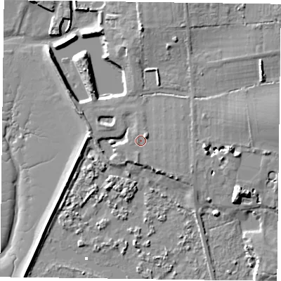 Shaded relief map of the ground around PO108BZ, computed from Environment Agency LiDAR. The ground here sits at about 4 m above sea level and falls 11 m across the surrounding 800 m. Surface water reaching this point runs off ground lying to the east-north-east, 1.8 m higher.