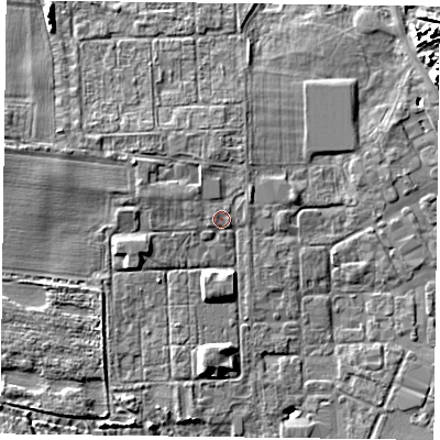 Shaded relief map of the ground around PO108DA, computed from Environment Agency LiDAR. The ground here sits at about 3 m above sea level and falls 5 m across the surrounding 800 m. The ground contributing surface water to this point lies to the north-west.