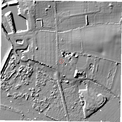 Shaded relief map of the ground around PO108DB, computed from Environment Agency LiDAR. The ground here sits at about 4 m above sea level and falls 11 m across the surrounding 800 m. Surface water reaching this point runs off ground lying to the north, 8.1 m higher.