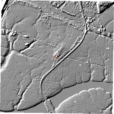 Shaded relief map of the ground around PO108DE, computed from Environment Agency LiDAR. The ground here sits at about 1 m above sea level and falls 5 m across the surrounding 800 m. Surface water reaching this point runs off ground lying to the north-north-east, 1.1 m higher.