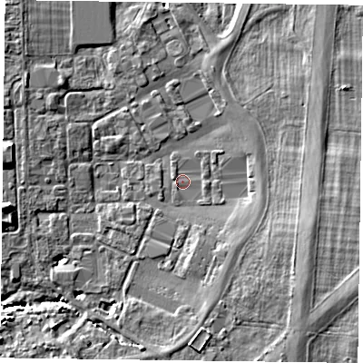 Shaded relief map of the ground around PO108DH, computed from Environment Agency LiDAR. The ground here sits at about 2 m above sea level and falls 6 m across the surrounding 800 m. The ground contributing surface water to this point lies to the east.
