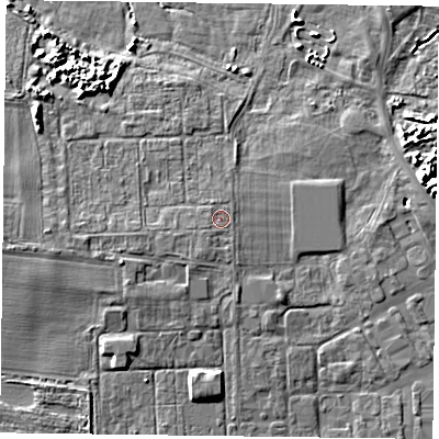 Shaded relief map of the ground around PO108DL, computed from Environment Agency LiDAR. The ground here sits at about 3 m above sea level and falls 6 m across the surrounding 800 m. Surface water reaching this point runs off ground lying to the south-south-west, 0.9 m higher.