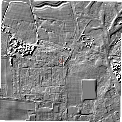 Shaded relief map of the ground around PO108DN, computed from Environment Agency LiDAR. The ground here sits at about 2 m above sea level and falls 7 m across the surrounding 800 m. The ground contributing surface water to this point lies to the west-south-west.