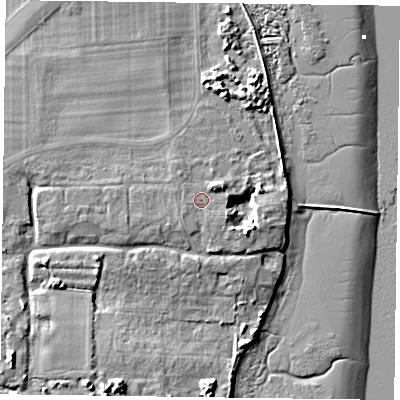 Shaded relief map of the ground around PO108DR, computed from Environment Agency LiDAR. The ground here sits at about 6 m above sea level and falls 12 m across the surrounding 800 m. Surface water reaching this point runs off ground lying to the north-east, 1.5 m higher.