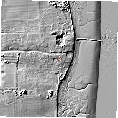 Shaded relief map of the ground around PO108DS, computed from Environment Agency LiDAR. The ground here sits at about 5 m above sea level and falls 11 m across the surrounding 800 m. Surface water reaching this point runs off ground lying to the north-west, 1.2 m higher.