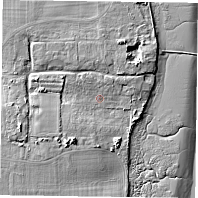 Shaded relief map of the ground around PO108DT, computed from Environment Agency LiDAR. The ground here sits at about 4 m above sea level and falls 12 m across the surrounding 800 m. Surface water reaching this point runs off ground lying to the west-south-west, 6.1 m higher.