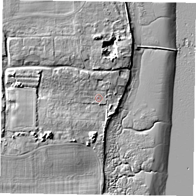 Shaded relief map of the ground around PO108DU, computed from Environment Agency LiDAR. The ground here sits at about 4 m above sea level and falls 11 m across the surrounding 800 m. Surface water reaching this point runs off ground lying to the south-west, 6.3 m higher.