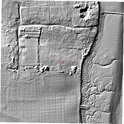 Shaded relief map of the ground around PO108DY, computed from Environment Agency LiDAR. The ground here sits at about 5 m above sea level and falls 12 m across the surrounding 800 m. Surface water reaching this point runs off ground lying to the west-south-west, 4.3 m higher.