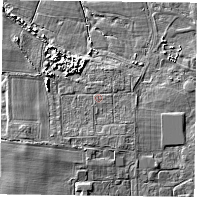 Shaded relief map of the ground around PO108EB, computed from Environment Agency LiDAR. The ground here sits at about 3 m above sea level and falls 6 m across the surrounding 800 m. Surface water reaching this point runs off ground lying to the south-west, 2.1 m higher.