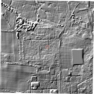 Shaded relief map of the ground around PO108ED, computed from Environment Agency LiDAR. The ground here sits at about 3 m above sea level and falls 6 m across the surrounding 800 m. Surface water reaching this point runs off ground lying to the south-south-west, 1.8 m higher.