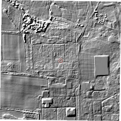 Shaded relief map of the ground around PO108EE, computed from Environment Agency LiDAR. The ground here sits at about 3 m above sea level and falls 6 m across the surrounding 800 m. Surface water reaching this point runs off ground lying to the south-south-west, 1.4 m higher.