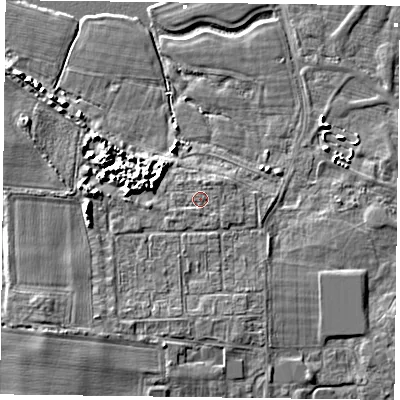 Shaded relief map of the ground around PO108EG, computed from Environment Agency LiDAR. The ground here sits at about 2 m above sea level and falls 6 m across the surrounding 800 m. Surface water reaching this point runs off ground lying to the south-west, 0.7 m higher.