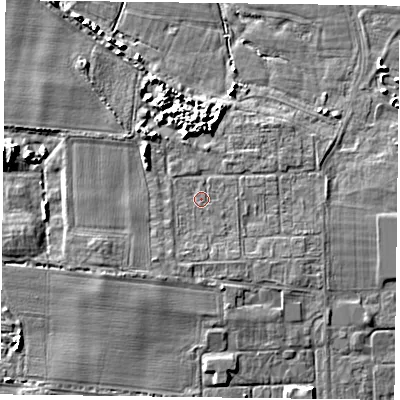 Shaded relief map of the ground around PO108EH, computed from Environment Agency LiDAR. The ground here sits at about 3 m above sea level and falls 7 m across the surrounding 800 m. Surface water reaching this point runs off ground lying to the south-south-west, 1.7 m higher.