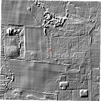 Shaded relief map of the ground around PO108EJ, computed from Environment Agency LiDAR. The ground here sits at about 4 m above sea level and falls 7 m across the surrounding 800 m. Surface water reaching this point runs off ground lying to the south, 1.5 m higher.