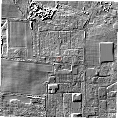 Shaded relief map of the ground around PO108EL, computed from Environment Agency LiDAR. The ground here sits at about 4 m above sea level and falls 5 m across the surrounding 800 m. Surface water reaching this point runs off ground lying to the west, 0.8 m higher.