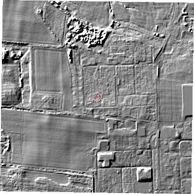 Shaded relief map of the ground around PO108EN, computed from Environment Agency LiDAR. The ground here sits at about 4 m above sea level and falls 7 m across the surrounding 800 m. Surface water reaching this point runs off ground lying to the south-south-west, 1.2 m higher.