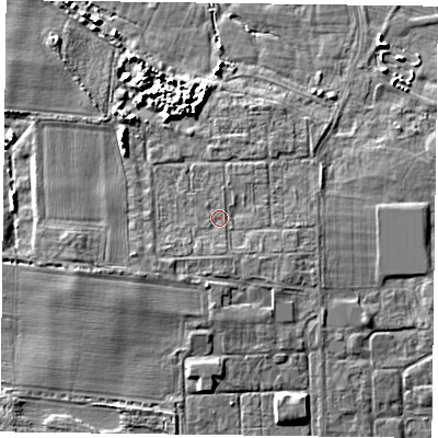 Shaded relief map of the ground around PO108EP, computed from Environment Agency LiDAR. The ground here sits at about 3 m above sea level and falls 6 m across the surrounding 800 m. Surface water reaching this point runs off ground lying to the south, 1.6 m higher.