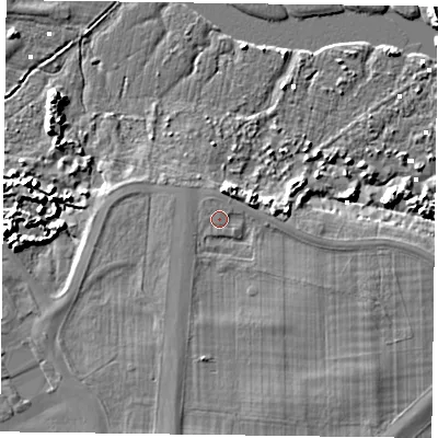 Shaded relief map of the ground around PO108ES, computed from Environment Agency LiDAR. The ground here sits at about 3 m above sea level and falls 7 m across the surrounding 800 m. Surface water reaching this point runs off ground lying to the south-south-east, 2.8 m higher.
