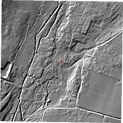 Shaded relief map of the ground around PO108FA, computed from Environment Agency LiDAR. The ground here sits at about 11 m above sea level and falls 12 m across the surrounding 800 m. The ground contributing surface water to this point lies to the north-north-west.