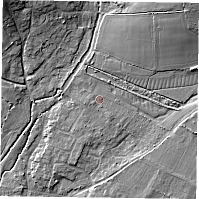 Shaded relief map of the ground around PO108FF, computed from Environment Agency LiDAR. The ground here sits at about 15 m above sea level and falls 16 m across the surrounding 800 m. Surface water reaching this point runs off ground lying to the south-east, 0.9 m higher.