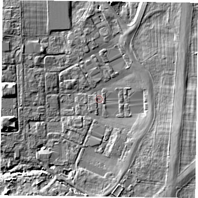 Shaded relief map of the ground around PO108FU, computed from Environment Agency LiDAR. The ground here sits at about 2 m above sea level and falls 6 m across the surrounding 800 m. Surface water reaching this point runs off ground lying to the south-east, 0.7 m higher.