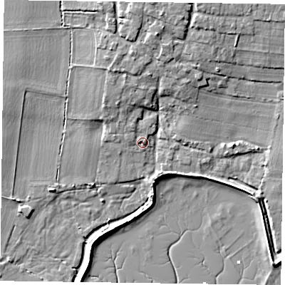 Shaded relief map of the ground around PO108HS, computed from Environment Agency LiDAR. The ground here sits at about 4 m above sea level and falls 9 m across the surrounding 800 m. Surface water reaching this point runs off ground lying to the north-north-west, 4.6 m higher.