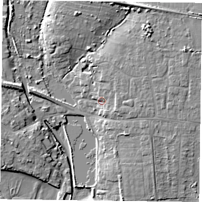 Shaded relief map of the ground around PO108JB, computed from Environment Agency LiDAR. The ground here sits at about 6 m above sea level and falls 12 m across the surrounding 800 m. Surface water reaching this point runs off ground lying to the east-north-east, 4.8 m higher.